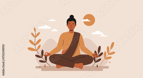 A serene illustration of a person meditating in a lotus position outdoors with stylized plants, mountains, and a sun in the background.