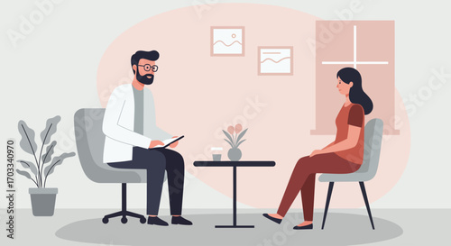 A doctor and patient engaged in a consultation, seated around a small table in a modern office setting.