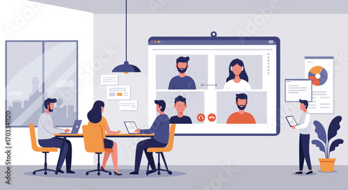Businesspeople in a modern office participating in a virtual meeting.