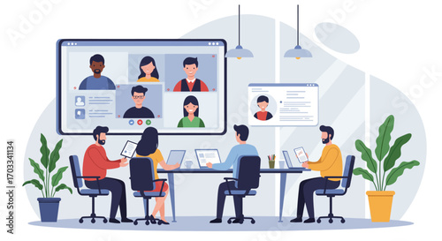 Team video conference meeting around a table, showcasing diverse participants and digital profiles.