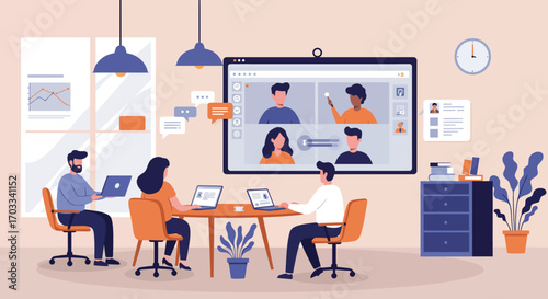 Team collaborates remotely via video conference in modern office.
