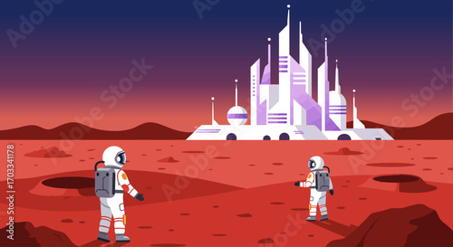 Two astronauts exploring the surface of Mars, approaching a futuristic city.