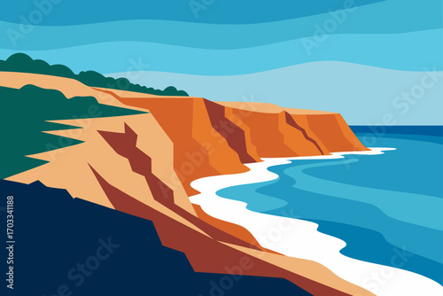 Stylized coastal cliffs meeting the ocean waves