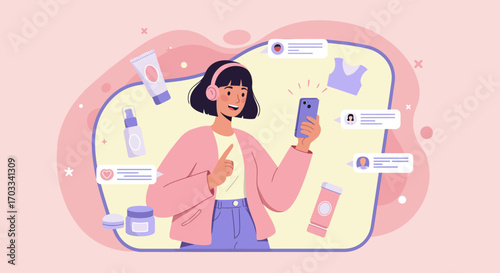 A young woman wearing headphones interacts with her phone, surrounded by beauty product icons and social media comments.