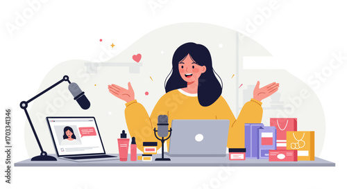 Cheerful woman recording a beauty video, surrounded by cosmetics and shopping bags.