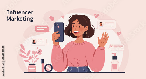 A smiling woman holding a phone recording a video, surrounded by cosmetic products and hearts.