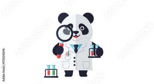 A curious panda scientist examines samples with a magnifying glass, holding test tubes in a lab coat.