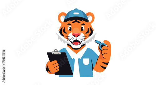 A friendly tiger coach holds a clipboard and whistle, ready for the game.