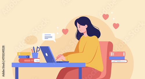 A woman sits at a desk, typing on a laptop with hearts floating above her head.