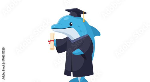 A cartoon dolphin wearing a graduation gown and cap holds a diploma, isolated on white.