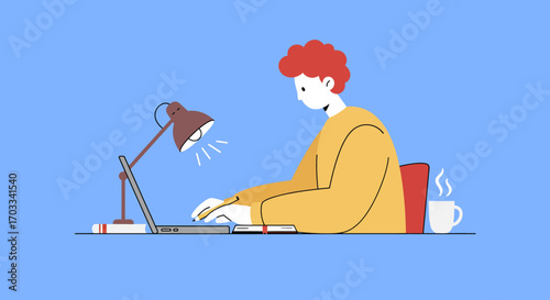 Illustration of a person working on a laptop at a desk with a lamp, book, and steaming mug against a blue background.