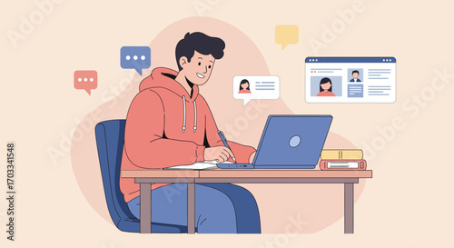 A young man wearing a hoodie sits at a desk, using a laptop and taking notes while engaging in online communication with speech bubbles and a profile page displayed.