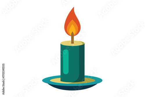 Brightly burning orange flame sits atop a teal candle placed on a tray