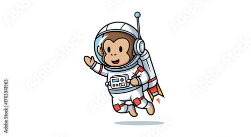 Cartoon monkey astronaut floating in space with a rocket pack, waving its hand.