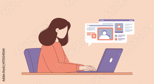 Woman working on a laptop, engaged in online communication and social media interaction.
