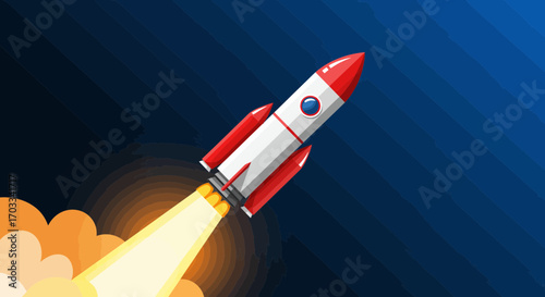 Cartoon rocket ship blasting off into space with fiery exhaust plumes