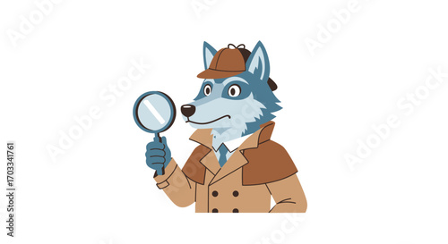 A cartoon wolf detective, wearing a trench coat and hat, examining something with a magnifying glass.