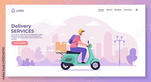 A delivery person on a scooter transports a package through a city landscape, offering delivery services.