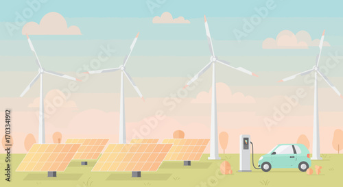 Sustainable energy landscape with electric car charging station.