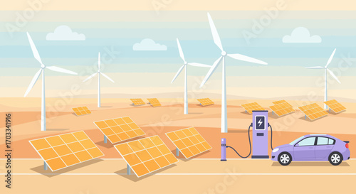 Electric car charging at renewable energy station in desert landscape.