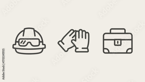 Construction safety gear icons featuring helmet gloves and toolbox vector