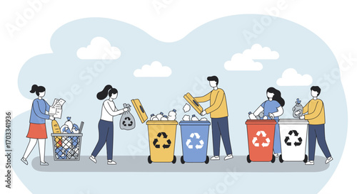 People responsibly sorting and disposing of waste into different recycling bins outdoors.