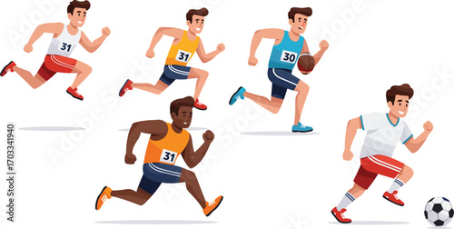 Animated male athletes running, football player sprinting, soccer action, sports diversity, teamwork, motion, competition, dynamic energy, race