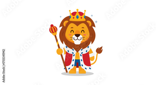 Cartoon illustration of a happy lion wearing a crown and royal robe, holding a scepter.