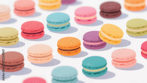 Colorful assortment of macarons creating an aesthetic pattern on white background