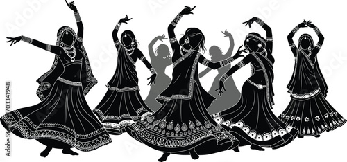Silhouette of graceful indian women dancing in traditional attire, a captivating display of culture and movement