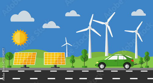 A vibrant illustration showcasing renewable energy sources, including solar panels, wind turbines, and an electric car.