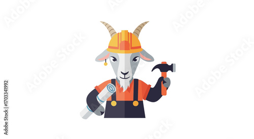 A cartoon goat dressed as a construction worker, holding a hammer and blueprints.