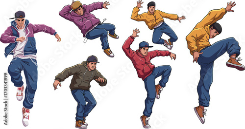 Breakdance moves, hip-hop dancers, colorful hoodies, street style, energy, motion, youth, rhythm, choreography, cartoon, animation, freestyle, urban, sneakers, caps, dynamic pose