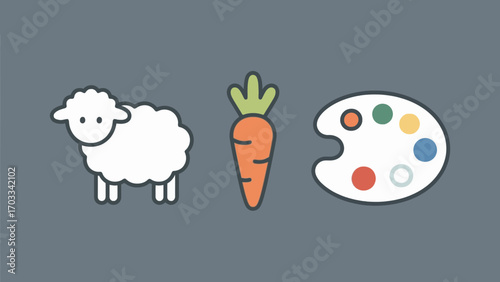 Cute icons featuring sheep, carrot, and artist palette on a gray background