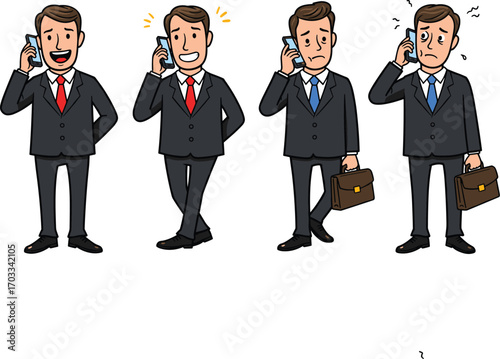 Businessman talking on phone, emotional reactions, happy, pleased, disappointed, anxious, communication, stress, expression, mobile, suit, office, corporate, mood, facial expression