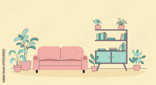 Pastel pink sofa and mid-century modern shelving unit in a plant-filled living room.