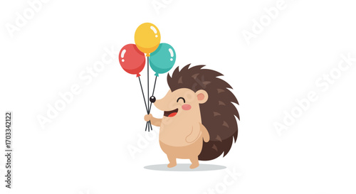 A cheerful cartoon hedgehog holding colorful balloons, celebrating joy and happiness on a white background.