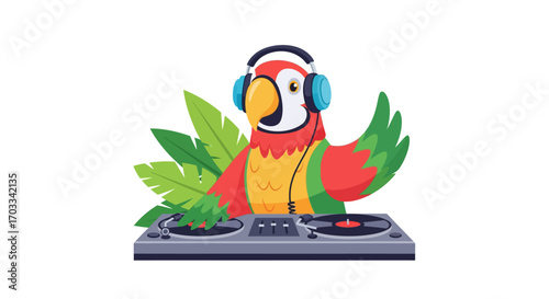 A cheerful macaw DJ waves while playing music on turntables, surrounded by tropical leaves.