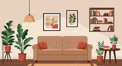Interior illustration of a cozy living room featuring a sofa, plants, and artwork.