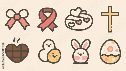 Easter holiday celebration icons featuring bunny, eggs, and chocolate heart