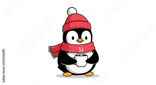 Cute penguin wearing winter hat and scarf, holding a steaming cup of hot drink.