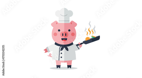 A cheerful pig chef proudly presents sizzling food in a frying pan.