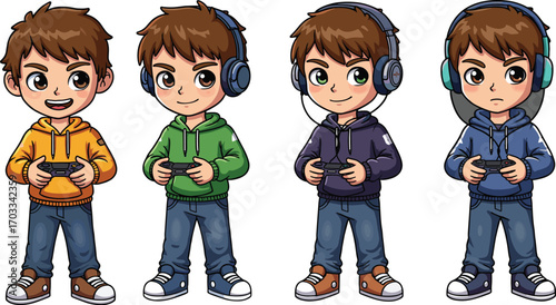 Cartoon boy gaming, hoodie outfit, headphones, controller, focused expression, casual fashion, character design, technology, youth, play, digital, entertainment, animation, gamer, jeans