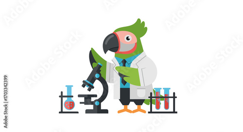 A parrot scientist examines a specimen under a microscope in a cartoon laboratory setting.