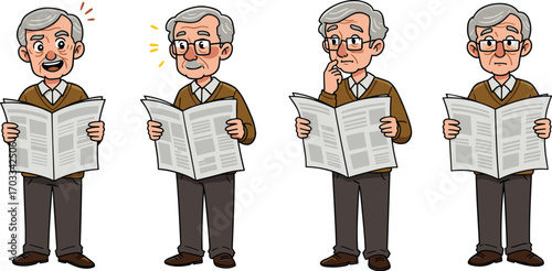 Cartoon elderly man reading newspaper, facial expressions, emotion, surprise, curiosity, thinking, disappointment, senior character, glasses, gray hair, lifestyle, media, reaction, aging