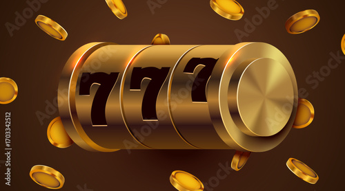 Golden slot machine wins the jackpot. 777 Big win concept. Casino jackpot. Vector illustration