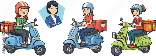 Cartoon delivery scooter riders, package transport, food delivery, female couriers, businesswoman, character design, logistics, service, motion, helmet, teamwork, urban, express
