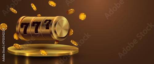 Golden slot machine wins the jackpot. 777 Big win concept. Casino jackpot. Vector illustration
