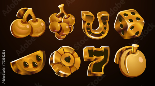 Set cartoon casino slot golden icons. Slot machine elements. Element for gambling game. Vegas asset collection with cherry, dice, seven, cherry and horseshoe. Vector illustration