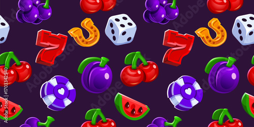 Set cartoon casino slot icons seamless background. Slot machine elements. Background for gambling game. Vector illustration